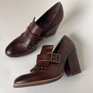 Kork Ease Prim Shoes Women's 9M Brown Leather Chunky Heel Kiltie Studded Buckle